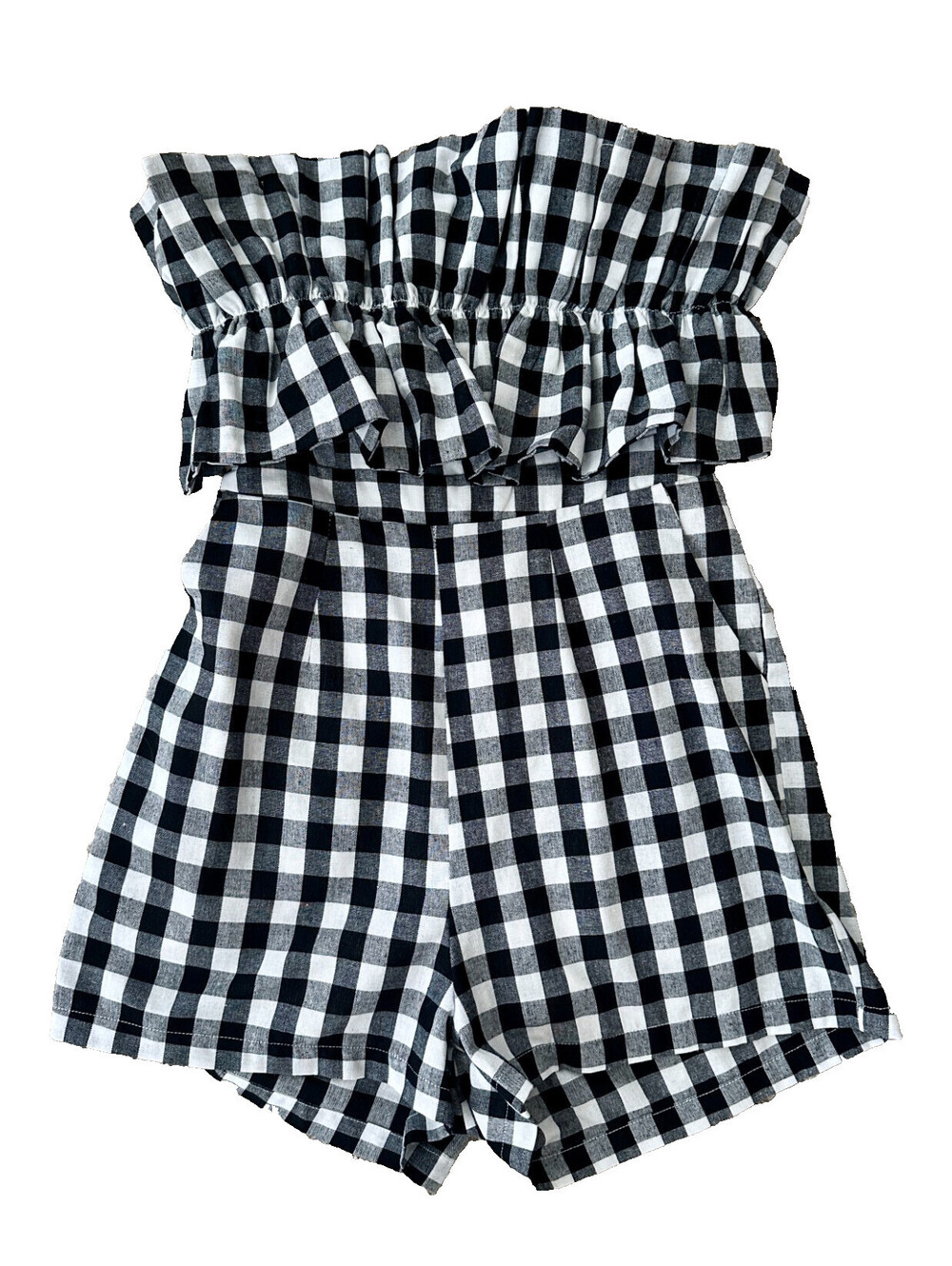 Entro Anthropolgie Gingham Strapless Romper Black White Ruffle Tie Back Bow M